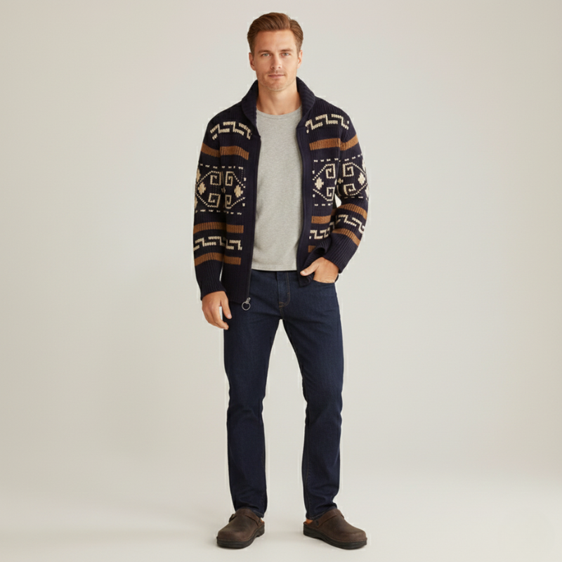 Full-body image of a man wearing a patterned knit cardigan styled with jeans and leather clog shoes.