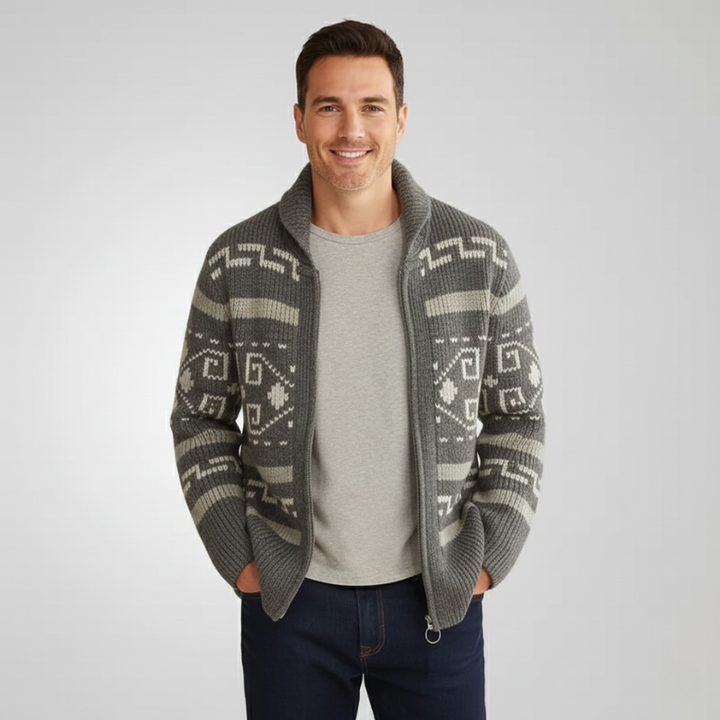 Full-body image of a man wearing a knit cardigan jacket with jeans for a relaxed casual look.