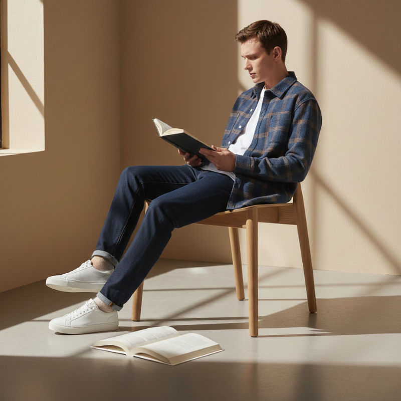 Man sitting on a wooden chair wearing a plaid overshirt layered with a white tee, in a warm lifestyle setting.