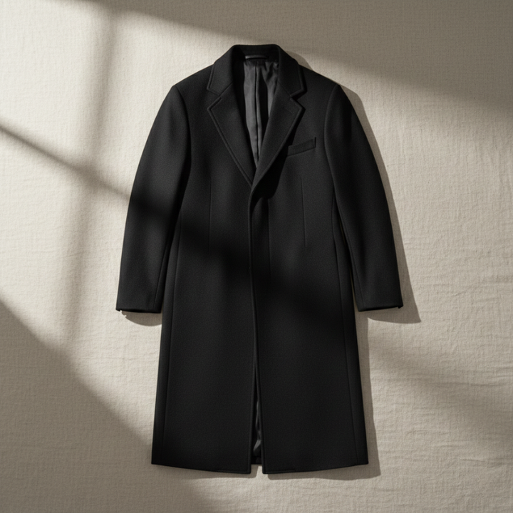 Black coat on a beige textured surface with soft shadows