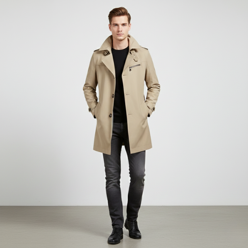 Man wearing a beige trench coat over a black shirt and jeans on a white background