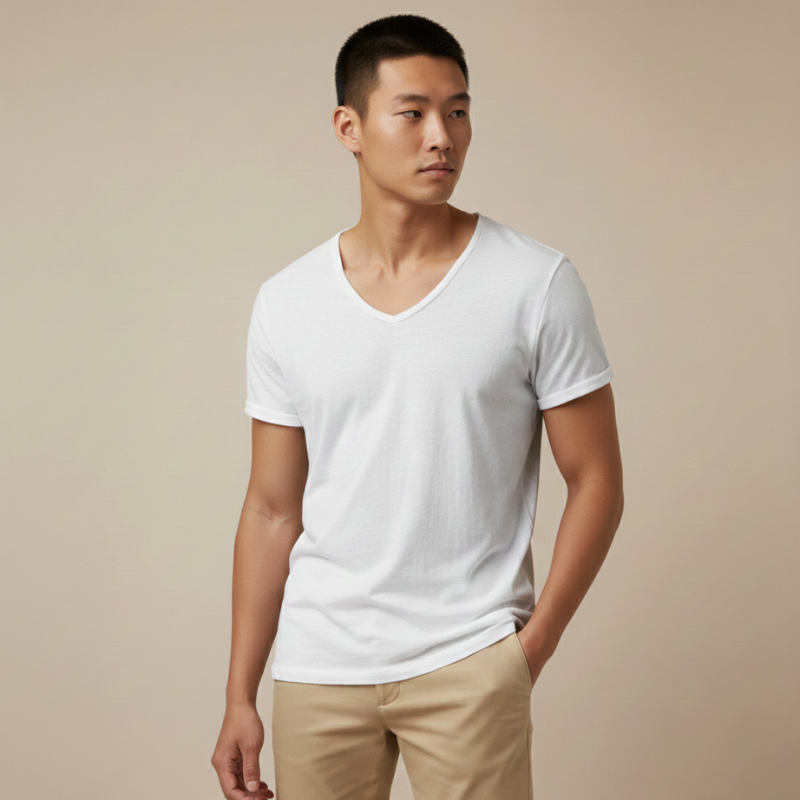 Male model wearing a classic white V-neck T-shirt in a studio setting with a clean minimal look.