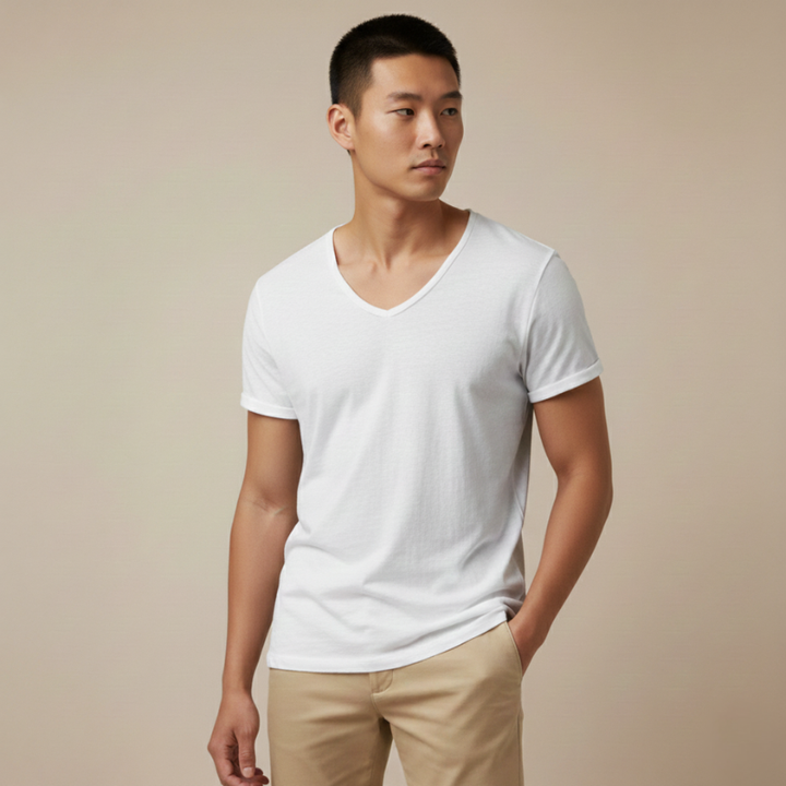 Male model wearing a classic white V-neck T-shirt in a studio setting with a clean minimal look.
