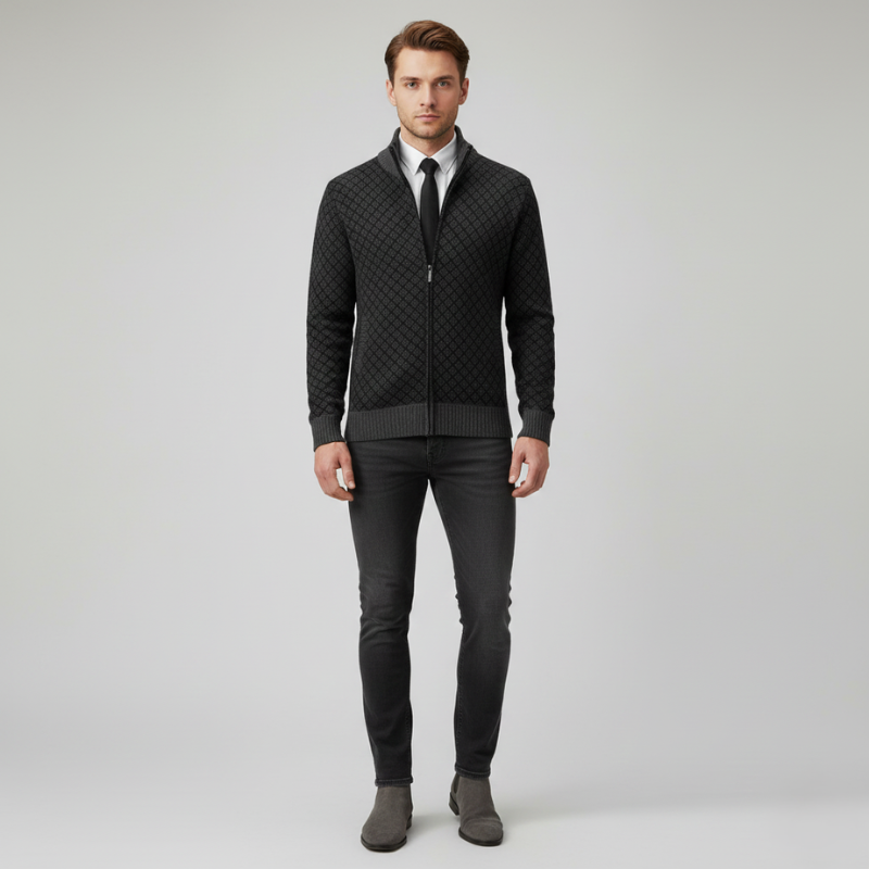 Man wearing a dark gray zip-up cardigan layered with a shirt and tie for a polished semi-formal look.