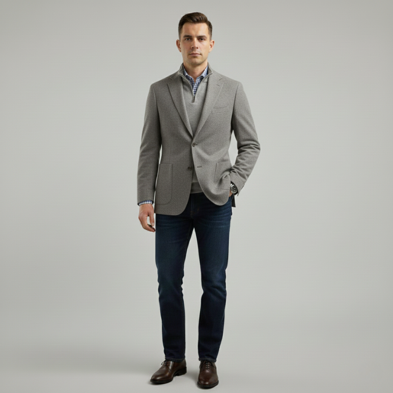 Man wearing a gray blazer jacket styled casually with a white shirt and dark jeans.