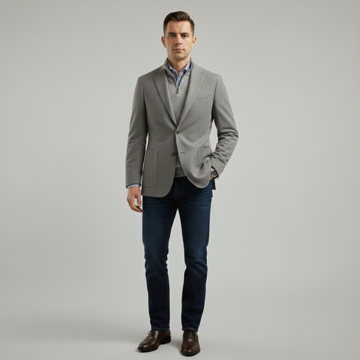 Man wearing a gray blazer jacket styled casually with a white shirt and dark jeans.