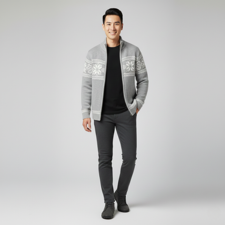 Male model wearing a gray zip-up knit cardigan with a casual slim fit.