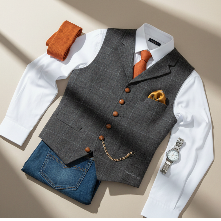 Man wearing a gray tweed vest with an orange pocket square in a dark studio portrait setting.