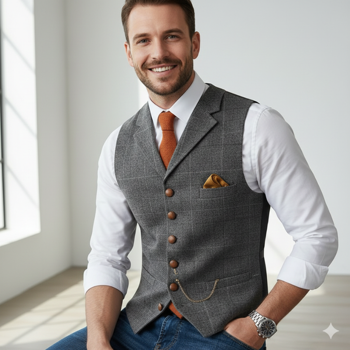 Man wearing a gray tweed waistcoat with a white shirt and orange pocket square in bright natural lighting.