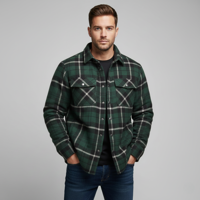 Men’s green plaid button-up shirt front view