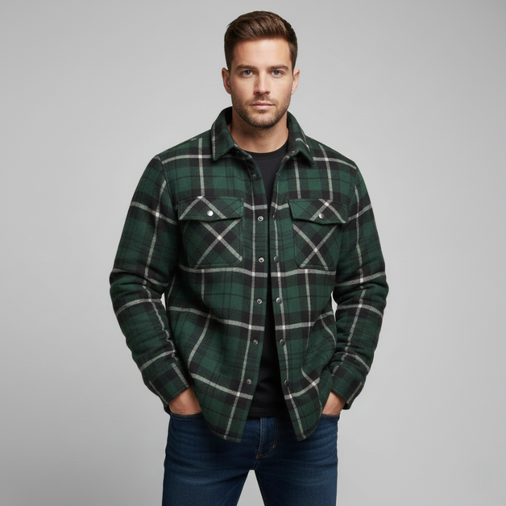 Men’s green plaid button-up shirt front view