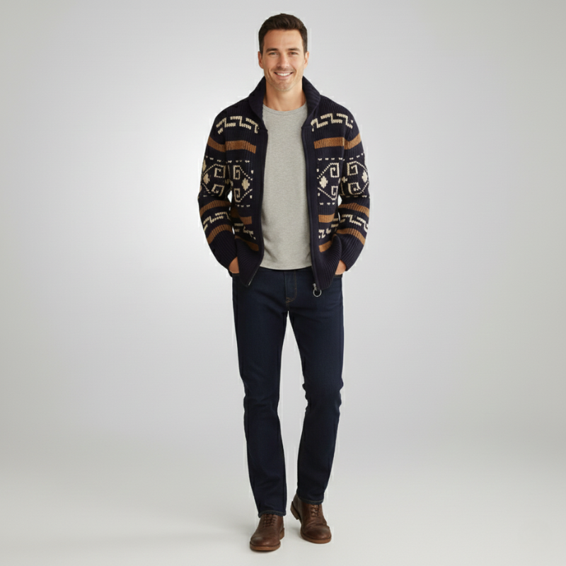 Man wearing a green patterned knit cardigan styled with a white shirt and dark pants.