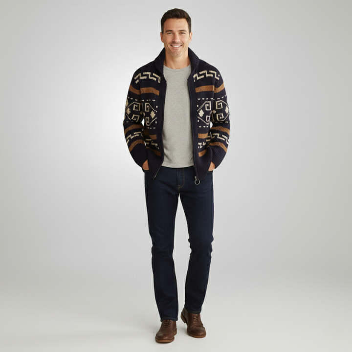 Man wearing a green patterned knit cardigan styled with a white shirt and dark pants.