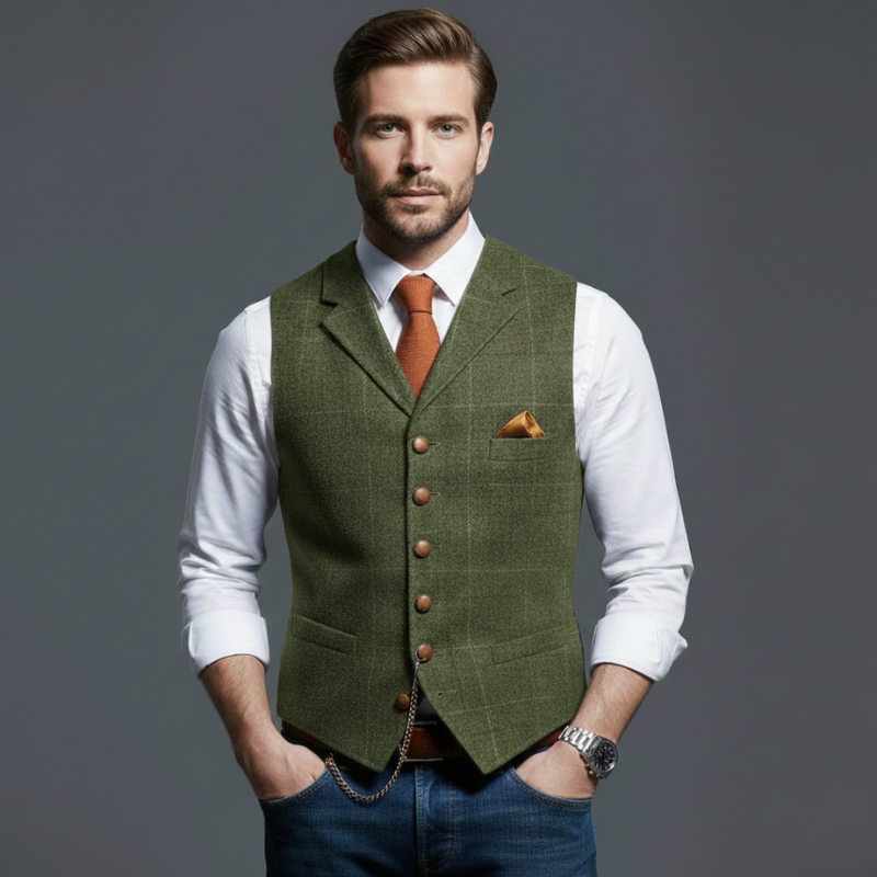 Male model wearing a green tweed vest styled with a white dress shirt and patterned tie in studio light.