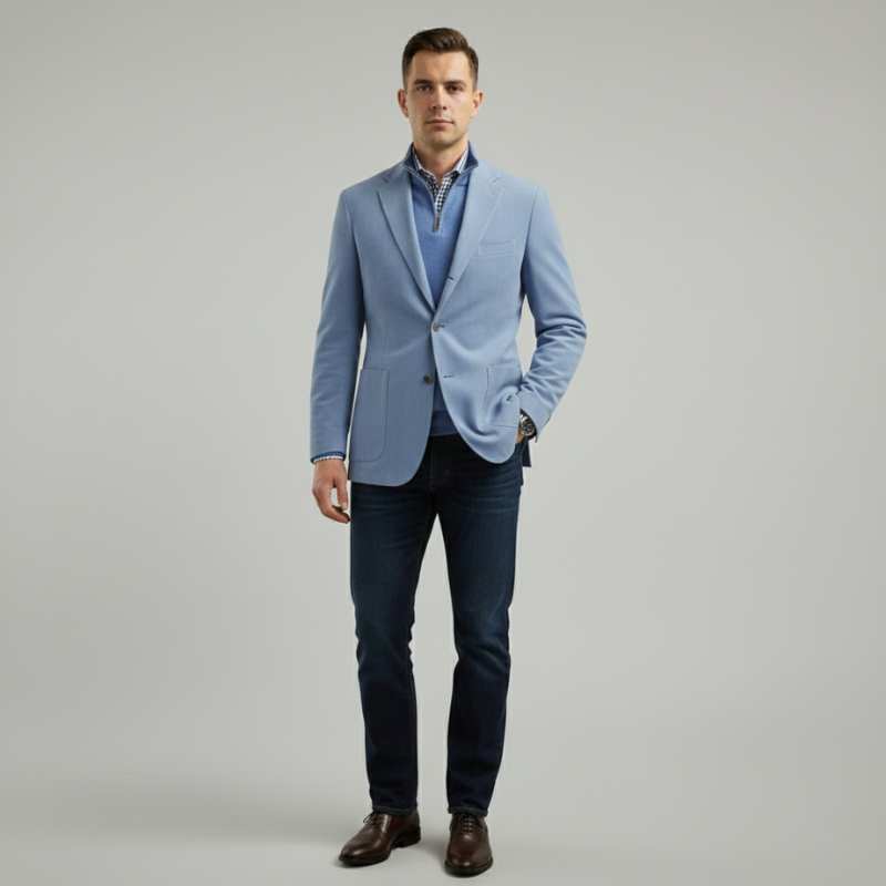 Male model in a light blue tailored blazer styled with a white shirt and dark trousers in bright studio lighting.