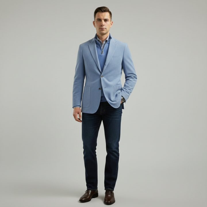 Male model in a light blue tailored blazer styled with a white shirt and dark trousers in bright studio lighting.