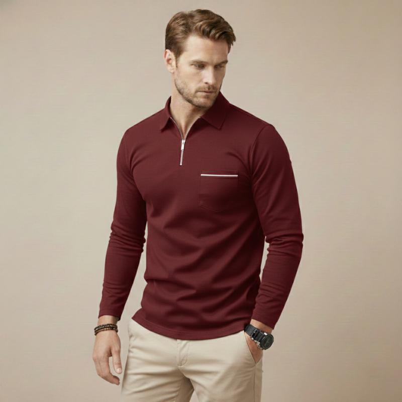 Male model wearing a maroon long-sleeve quarter-zip top with a slim tailored silhouette.
