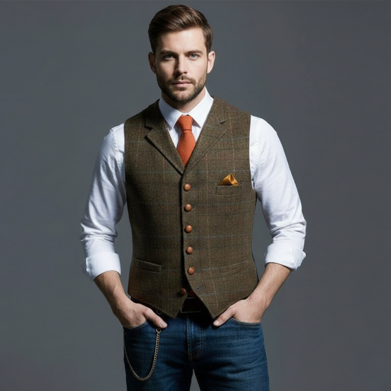 Male model in a mustard yellow tweed vest styled with a white shirt and orange pocket square.