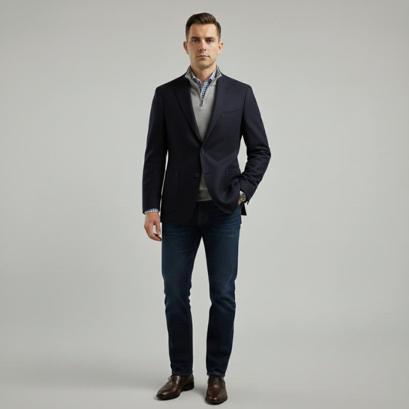 Male model in a navy blazer paired with a shirt and chinos for a polished smart-casual look.