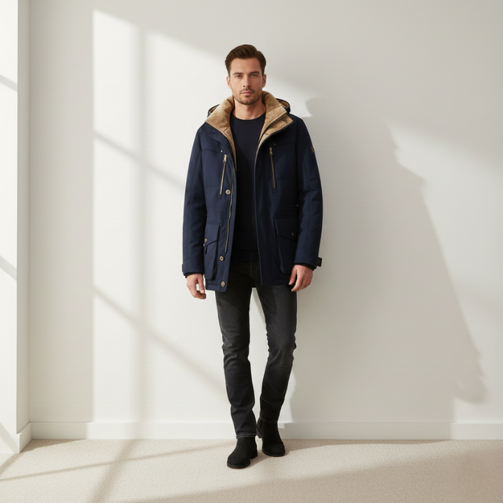 Full-body lifestyle photo of a man wearing a navy winter coat with hood and padded insulation in natural indoor light.