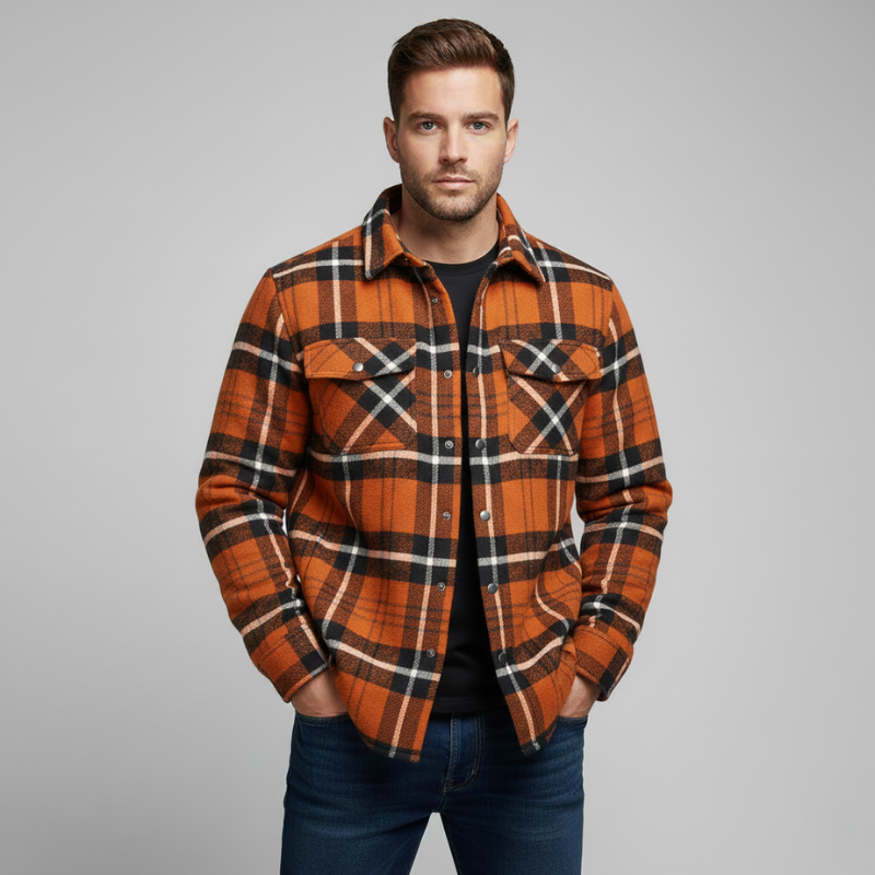 Men’s orange plaid casual shirt front view