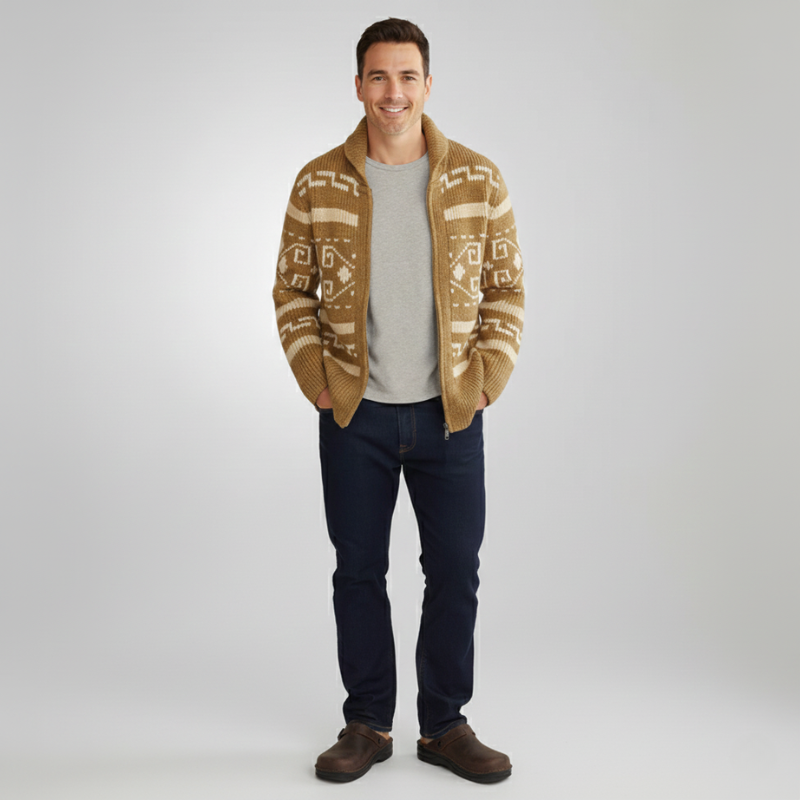 Man wearing a patterned knit cardigan layered over a white t-shirt with dark jeans in a studio setting.