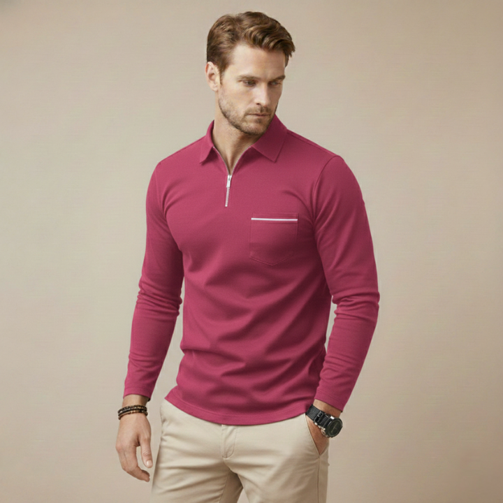 Man wearing a red long-sleeve quarter-zip shirt with a sleek modern fit in a neutral studio setting.