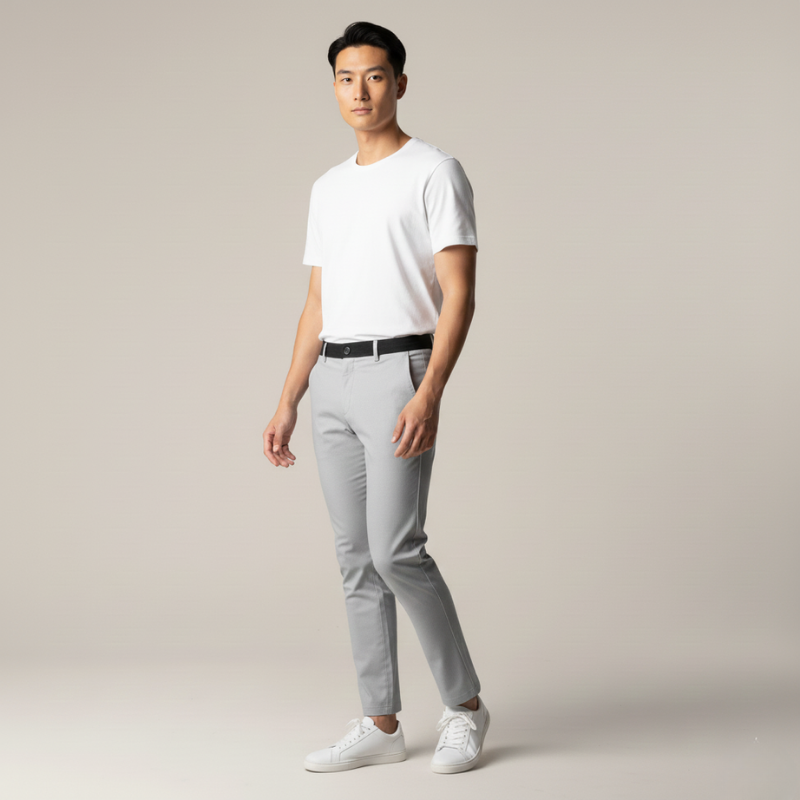 Man wearing a white t-shirt, gray pants, and white sneakers on a plain background