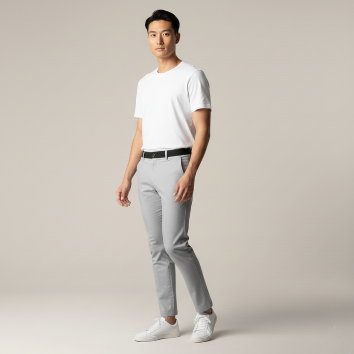 Man wearing a white t-shirt, gray pants, and white sneakers on a plain background