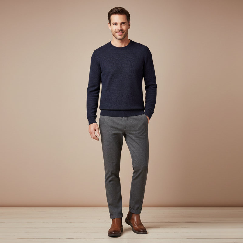 Man wearing a navy sweater and gray pants against a beige background