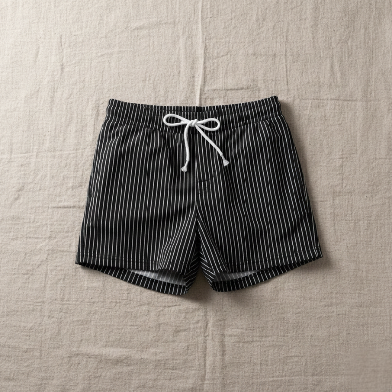 Black and white striped shorts with a drawstring on a beige fabric background