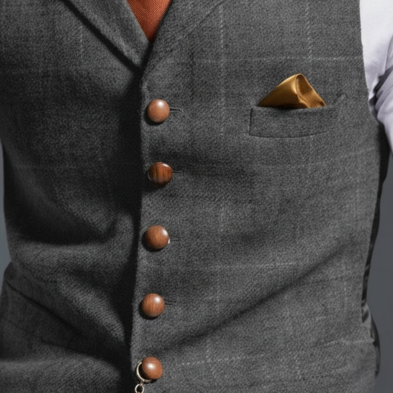 Flatlay of a gray tweed waistcoat styled with a white shirt, watch, pocket square, and jeans.