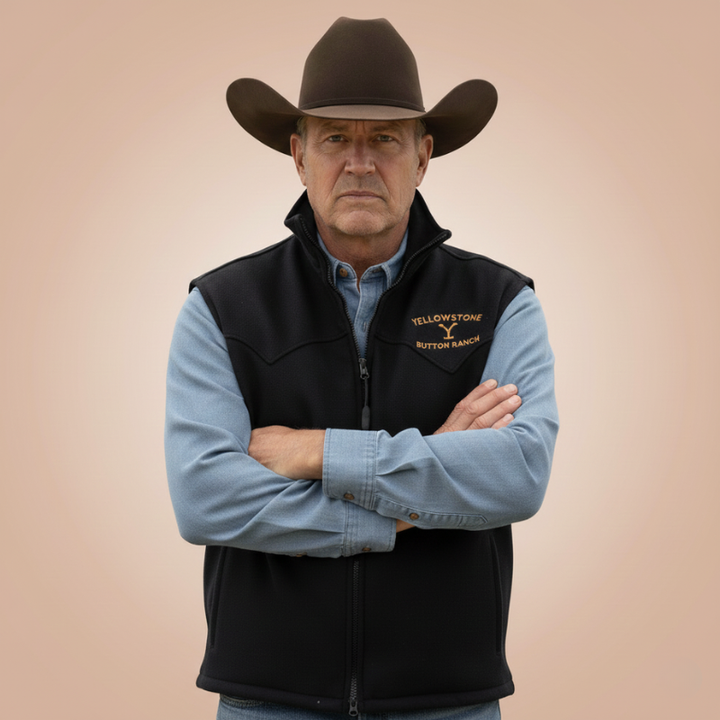 Western vest in black with embroidered logo and zipper, worn with arms crossed in the studio.