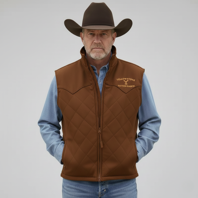 A brown western vest with gold chest embroidery and textured fabric is presented over a denim shirt in the studio.
