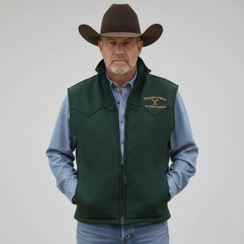 Green dyed western vest with embroidered logo, classic fit and zipper, worn in a bright studio.