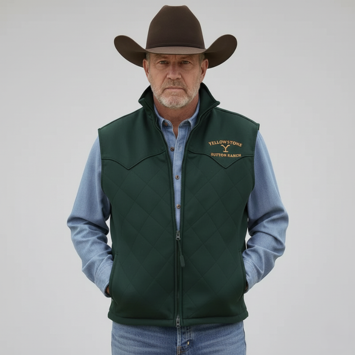 Green dyed western vest with embroidered logo, classic fit and zipper, worn in a bright studio.