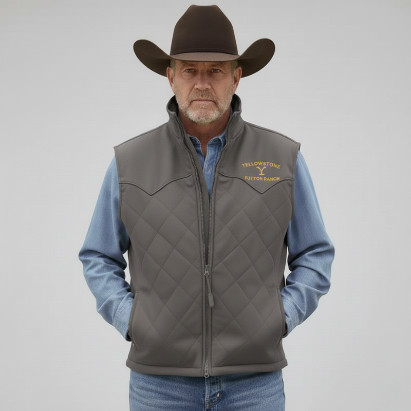 Grey western vest with zipper, embroidered lettering and classic straight fit in a neutral studio.
