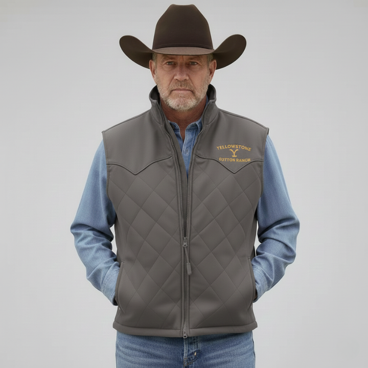 Grey western vest with zipper, embroidered lettering and classic straight fit in a neutral studio.
