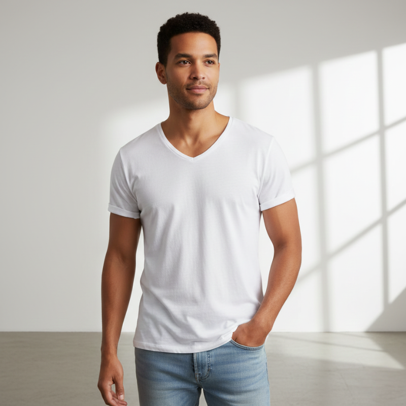 Man wearing a white V-neck T-shirt standing near a bright window with natural sunlight highlighting the fabric.
