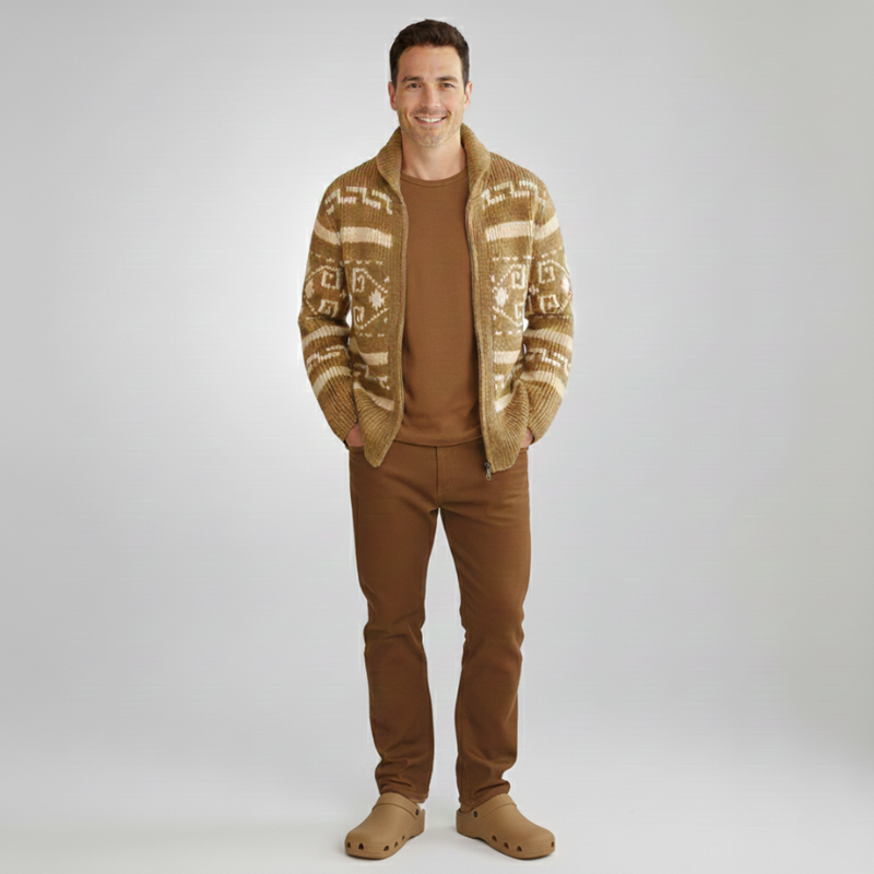 Man posing in a zip-up patterned knit cardigan styled for everyday casual wear.