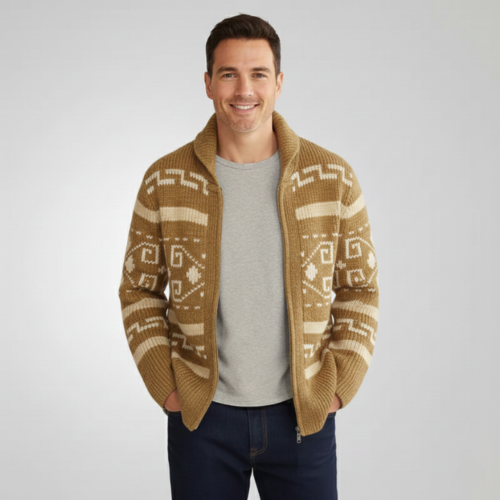 Male model wearing a zip-up patterned knit cardigan in a clean studio environment.