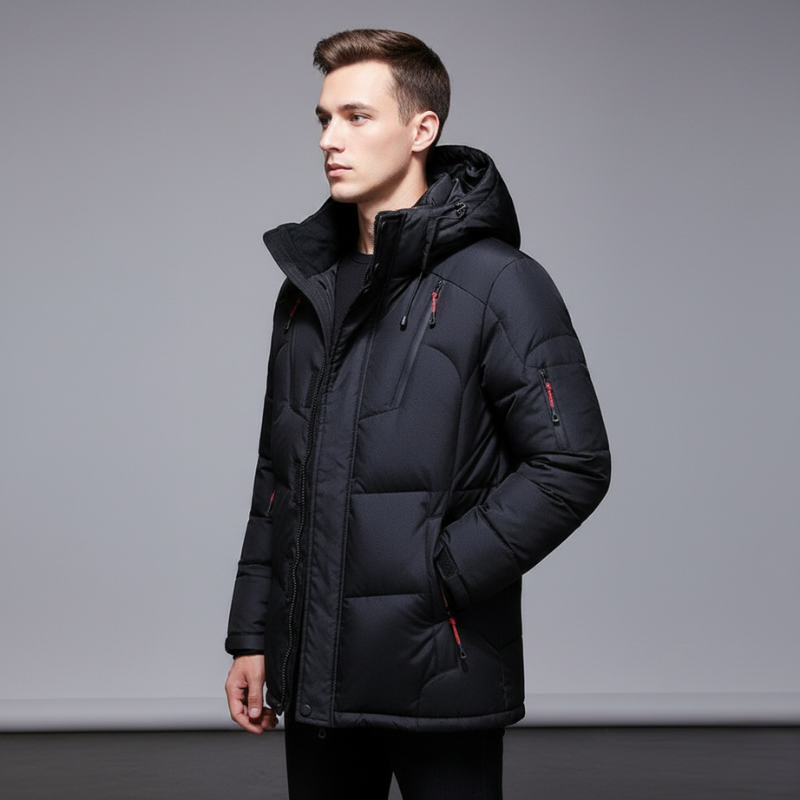 male model wearing black down winter parka with insulated hood shown in studio setting