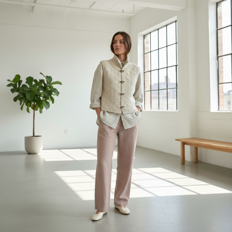 Woman standing in a bright room with large windows, wearing a beige knitted vest and light-colored pants.