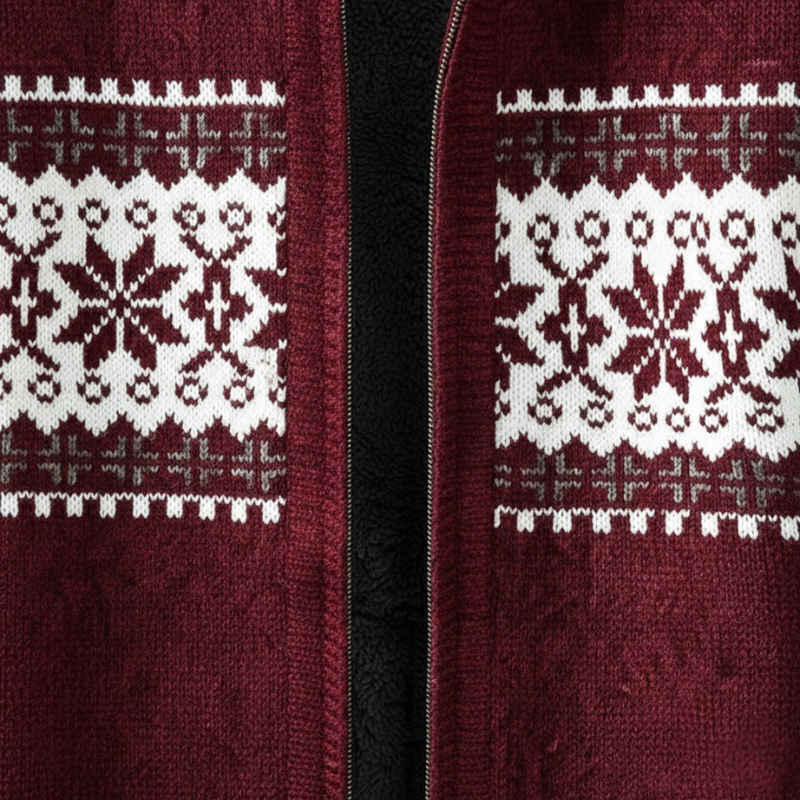 Close-up of a burgundy knit sweater showing Nordic snowflake pattern and textured fabric.