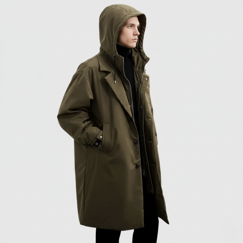 full front view of mens olive waterproof long raincoat with relaxed fit