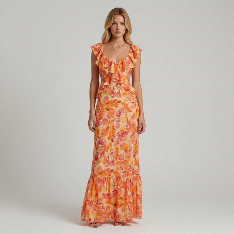 Full-length front view of an orange floral ruffle maxi dress for women photographed in a clean studio setting.