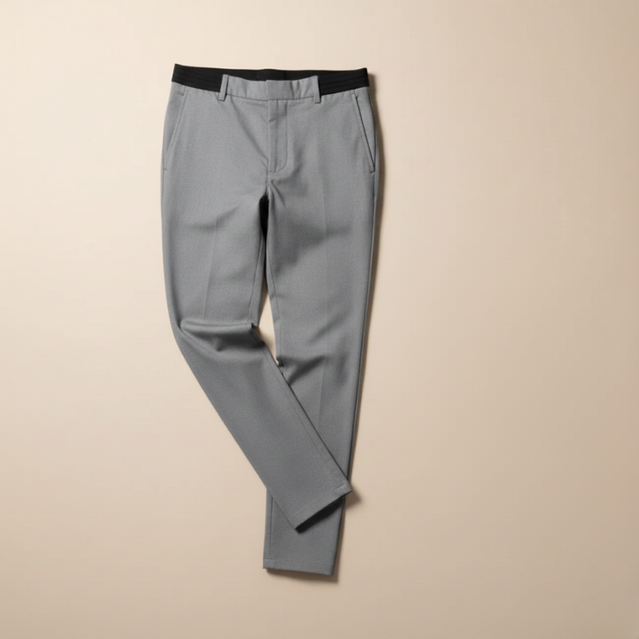 Gray pants with a black waistband on a beige background
