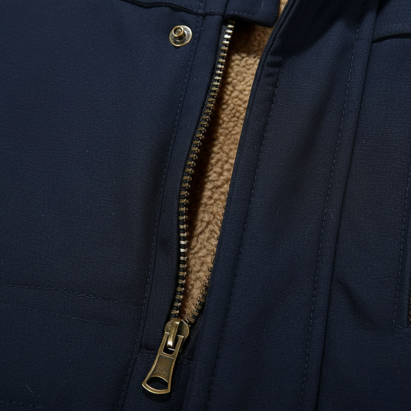 Close-up of a navy parka showing the zipper, stitching, and textured fabric with warm inner lining.