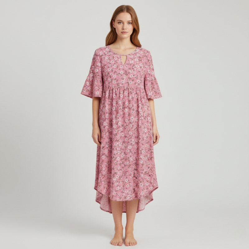 Woman wearing a pink floral dress on a plain background