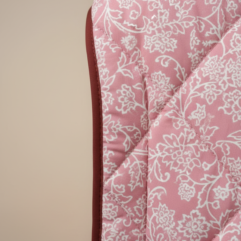 closeup view of pink floral quilted jacket showing stitched texture and pattern details